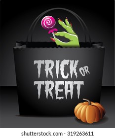 Trick or Treat Halloween bag EPS 10 vector royalty free stock illustration for greeting card, ad, promotion, poster, flier, blog, article, social media, marketing