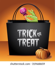 Trick or Treat Halloween bag EPS 10 vector royalty free stock illustration for greeting card, ad, promotion, poster, flier, blog, article, social media, marketing