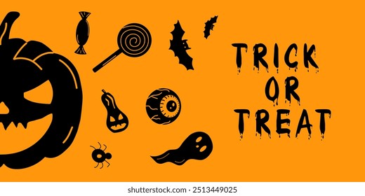 Truco o trato de Anuncio de halloween con calabazas negras, caramelos, fantasma, araña, murciélagos, ojo sobre fondo naranja