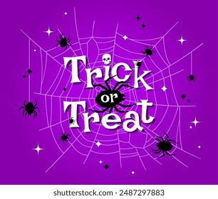 Trick or treat Halloween banner with cobweb and spiders. Vector purple background adorned with spooky and intricate spiderweb, adding a touch of eerie charm to traditional trick-or-treat festivities