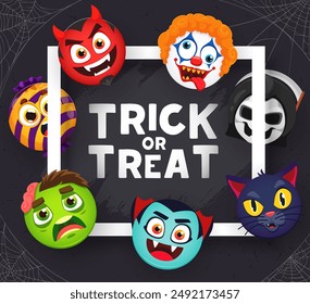 Trick or Treat Halloween banner with funny emoji faces of monsters, cartoon vector background. Halloween horror night holiday party with scary clown, zombie and vampire or devil and spooky candy face