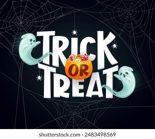 Engañar o tratar el Anuncio de Halloween con fantasmas y telaraña. Vector espeluznante letras con fantasmas espeluznantes, arañas y calabaza cubo con dulces, los ghouls acogedores y brujas en una noche de espantosa diversión