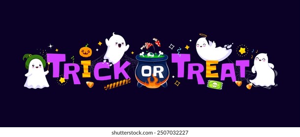 Trick or treat Halloween Banner mit Kawaii Geister und Feiertagssüße. Vektortypografie mit niedlichen, entzückend gespenstischen Babygesellen mit Kessel, festlichem Hexenhut und charmant unheimlicher festlicher Dekoration