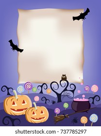 Trick or treat. Halloween Banner, poster, template with pumpkins, owl, cauldron, spider and candy. Vector Illustration. Purple background.