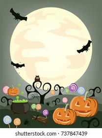 Trick or treat. Halloween Banner, poster, template with pumpkins, owl, cauldron, spider and candy. Vector Illustration. Purple background.