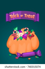 Trick or treat. Halloween banner with pumpkin, colorful sweets and candies.