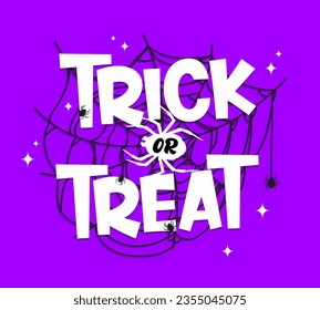 Trick or treat halloween banner with spiders and cobweb. Vector purple background adorned with spooky and intricate spiderweb, adding a touch of eerie charm to traditional trick-or-treat festivities