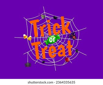 Marcar o tratar pancartas de Halloween con arañas y dulces en telaraña. Fondo vectorial púrpura con telaraña espesa e intrincada, dulces, maíces, trufas y postres trufas con arácnidos espeluznantes