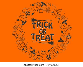 Trick or treat halloween black elements in the form of a circle on orange background. Vector illustration  EPS 10.