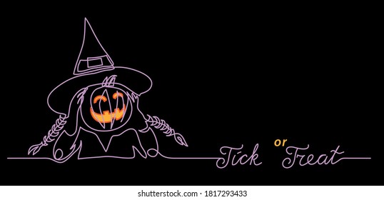 Trick or treat Halloween black night background with pumpkin creepy smile and small witch. One continuous line drawing with lettering trick or treat.