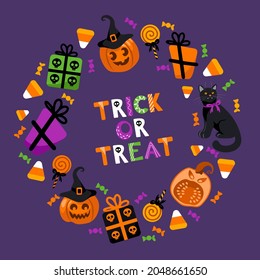Trick or treat. Halloween bright vector illustration. Pumpkin lantern, witch hat, cat, lollipops, gifts with skulls, stars and candy Corn. For stickers, posters, postcards, design elements