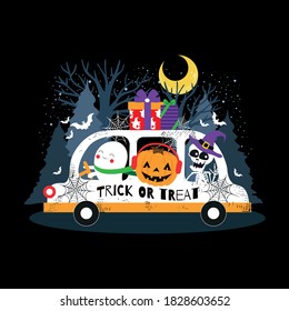 Trick or Treat. Halloween car illustration. Happy Halloween greeting card