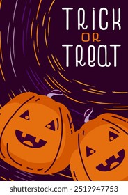 Trick or Treat Halloween card (Truque ou trate o cartão de Halloween). Abóboras sorridentes esculpidas. Cartaz da discoteca de saudação de Halloween.