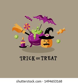 Trick or treat. Halloween card with celebratory subjects. Flat style vector illustration. Great for party invitation, flyer, greeting card, web, postcard.