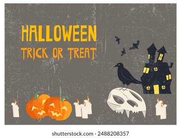 Trick or treat. Halloween card with celebratory subjects. Pumpkins and Candles, animal skull and crow standing on a bone. Creepy grey background with texture and text Halloween. Flat style vector