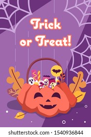 Trick or treat Halloween card with cute pumpkin candy bag, various holiday sweets, autumn leaves and spider web in the lightbeam in purple and orange palette