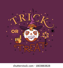 Trick or Treat Halloween card design with boy in hat with candy. Color vector illustration.