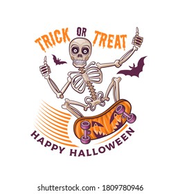Trick or Treat Halloween card design concept with skeleton jumping on skateboard. T-Shirt Design & Printing, clothes, bags, posters, invitations, cards, leaflets etc. Color vector illustration.