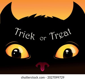 Trick or treat. Halloween card with evil black cat