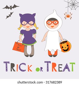 Trick or treat Halloween card with two kids in costumes. Vector illustration