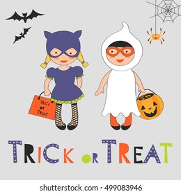 Trick or treat Halloween card with two kids in costumes