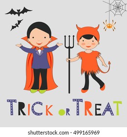 Trick or treat Halloween card with two kids in costumes