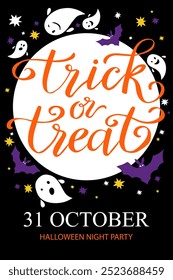 Trick or treat Halloween cartoon card, lettering poster flying  ghost and bats, full moon vector illustration.