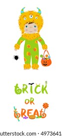 Trick or treat halloween cartoon vector card with cute kid in monster costume with spider and pumpkin bag full of sweets