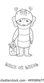 Trick or treat halloween cartoon vector coloring page with cute kid in monster costume with bag full of sweets