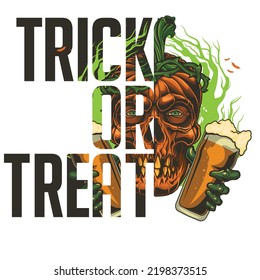 "Trick or Treat" - Halloween celebration banner design. Vector illustration  in engraving technique of pumpkin evil skull with hands holding beer. 