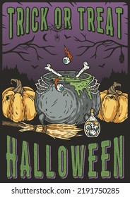 Trick or treat halloween cementary party poster with pumpkins skulls and bones