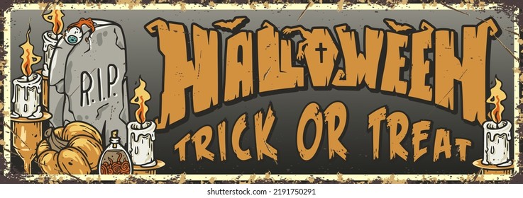 Trick or treat halloween cementary party poster with pumpkins, cauldron and bones