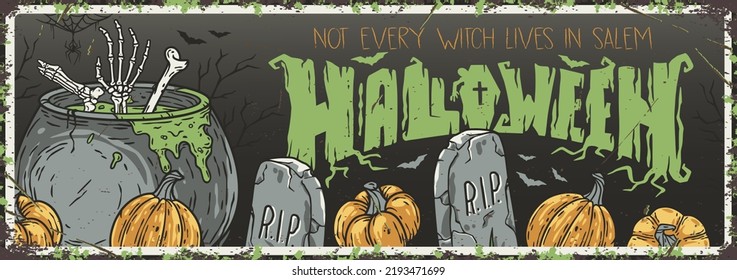 Trick or treat halloween cementary party poster with pumpkins, cauldron and bones