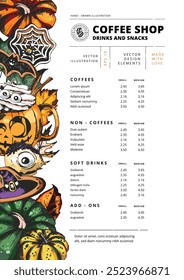 Trick or Treat Halloween Coffee vector  illustration, cafe menu design template. A cup of hot chocolate drink in Halloween style decorated with pumpkin and sweets on white background.