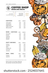 Trick or Treat Halloween Coffee vector  illustration, cafe menu design template. A cup of hot chocolate drink in Halloween style decorated with pumpkin and sweets on white background.