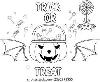 Trick or treat Halloween coloring pages vector illustration for kids and adult. Halloween coloring book pages
