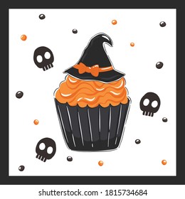 Trick or treat. Halloween cupcake decoration in black and orange colors poster design
