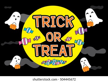 Trick or Treat Halloween Day ghost full moon Pumpkin Basket Colorful candy greeting card Calligraphy. Halloween banner or poster. Handmade vector lettering