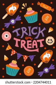Trick of Treat for Halloween day poster advertising. Hand written lettering isolated on white background.Vector Halloween greeting card design.