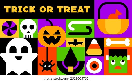 Trick or Treat Halloween Design with Colorful Halloween Elements Icons Ilustração de vetor