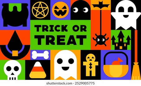 Trick or Treat Halloween Design with Colorful Halloween Elements Icons Ilustração de vetor