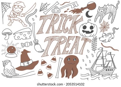 Trick or treat Halloween doodles art, text, words, cartoon, lines, cute, funny, print.