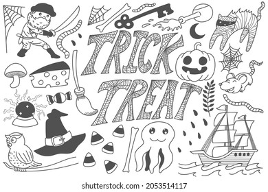 Trick or treat Halloween doodles art, text, words, cartoon, lines, cute, funny, print.