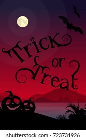 Trick or treat Halloween event poster or postcard. Scary lettering in front of night scenery.