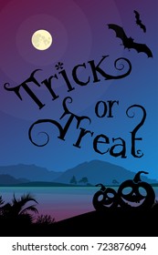 Trick or treat Halloween event poster or postcard. Scary lettering in front of night scenery.