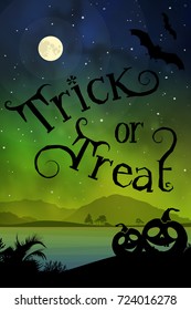 Trick or treat Halloween event poster or postcard. Scary lettering in front of toxic colors night scenery.