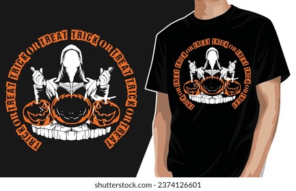 trick or treat halloween famous question with pumpkins and skeleton t-shirt design