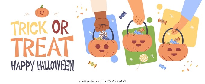 Truco o trato ilustración plana de Halloween con manos y canastas de calabaza sobre fondo aislado. Composición de dibujos animados