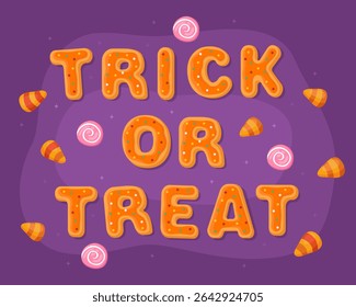 Trick or treat. Halloween greeting card, orange halloween gingerbreads on a purple background. Halloween sweets, candies. 