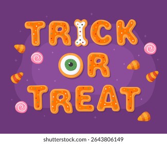 Trick or treat. Halloween greeting card, orange halloween gingerbreads on a purple background. Halloween sweets, corn candies, cookies in the shape of letters, eyes and bones.